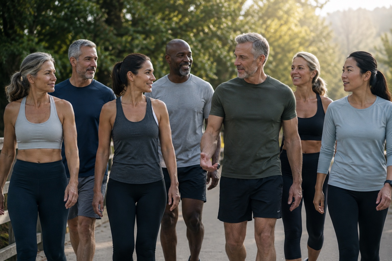 A small group of adults of mixed ages walking and talking together on a park path.