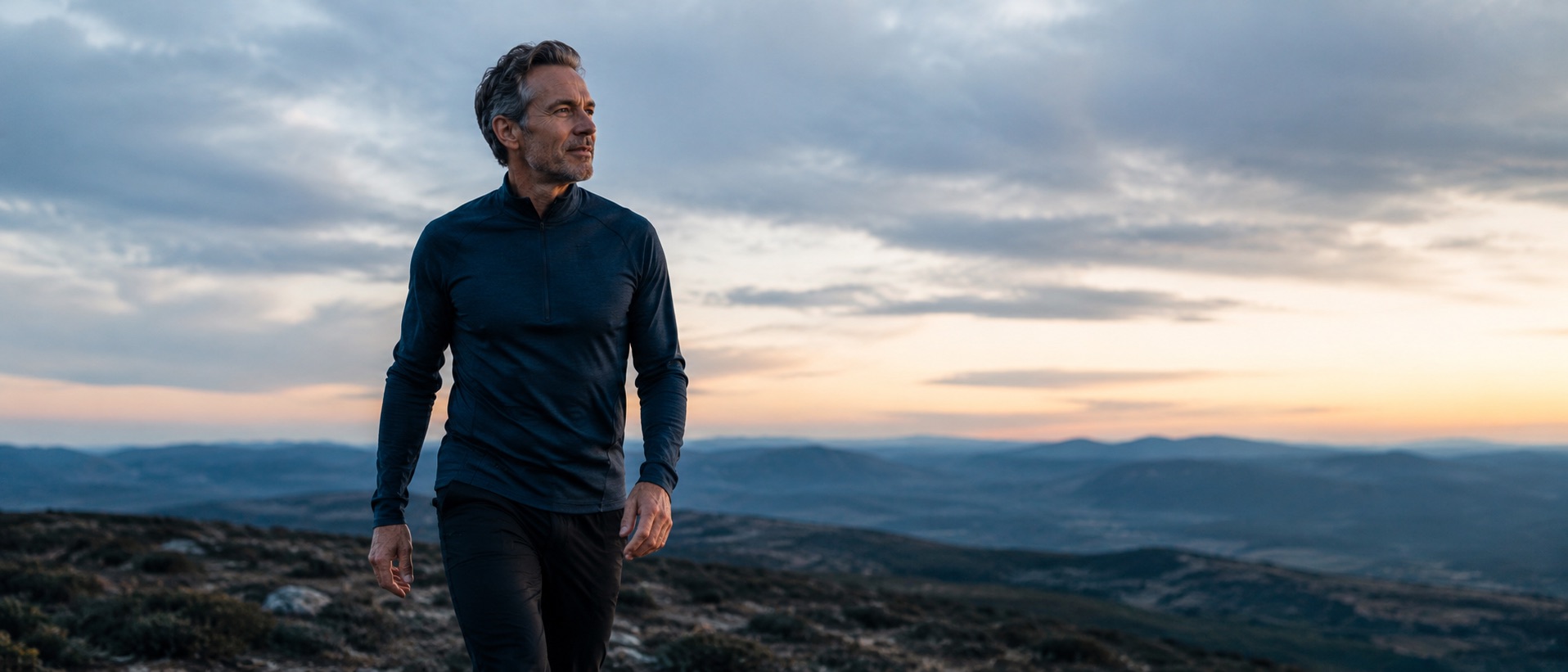 A person walking toward the horizon at dusk on an open road.