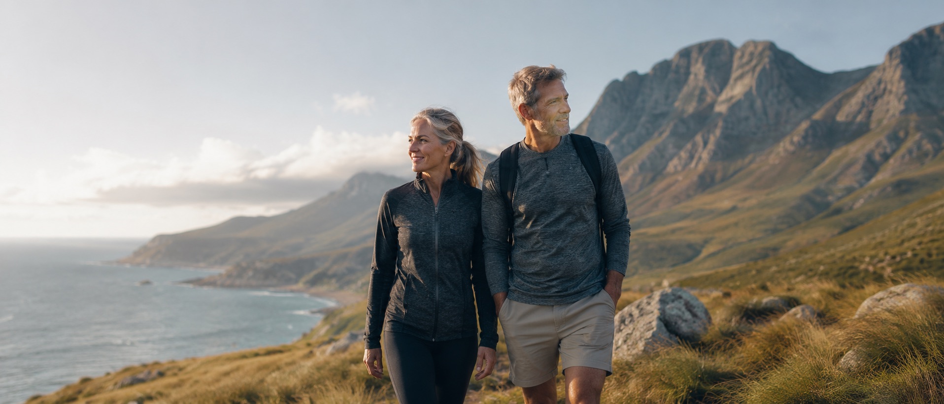 Adults in their sixties walking together through open landscape in late afternoon light.