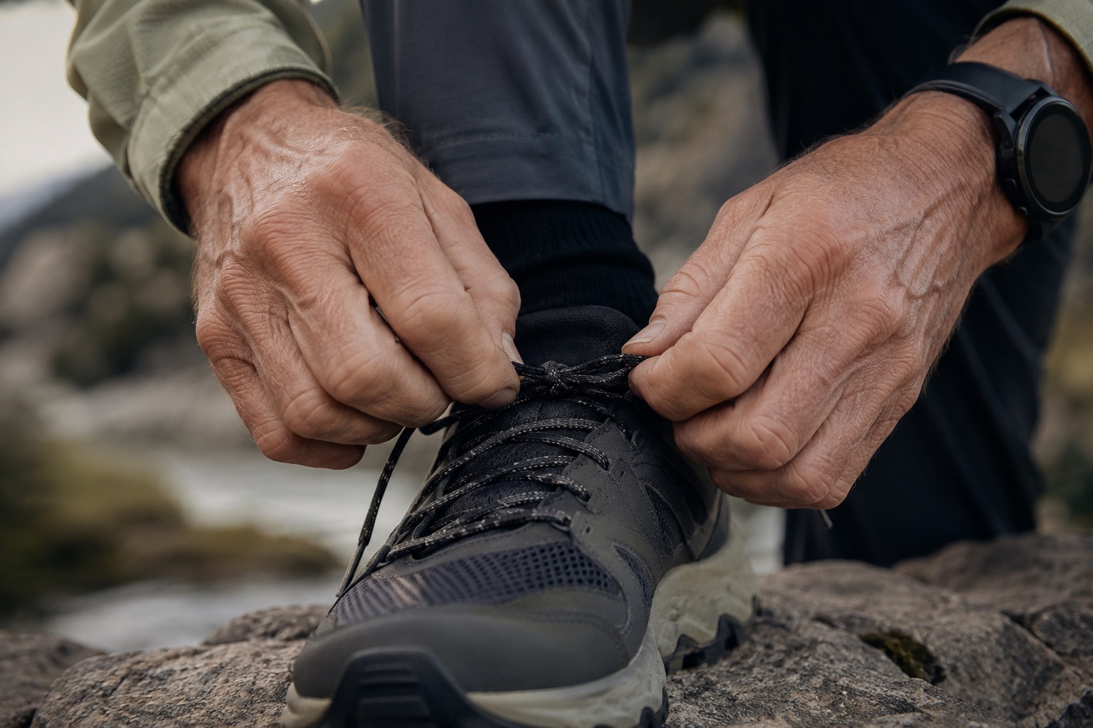 The hands of an older adult tying a boot.
