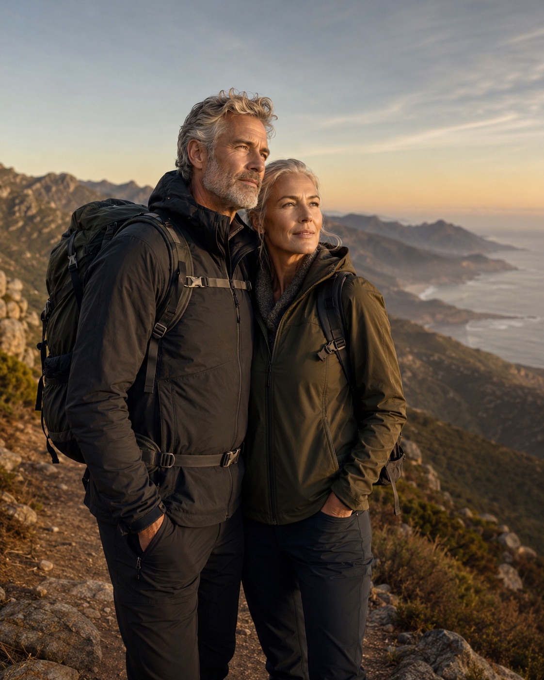 A couple in their sixties hiking a ridge trail together in late afternoon light.