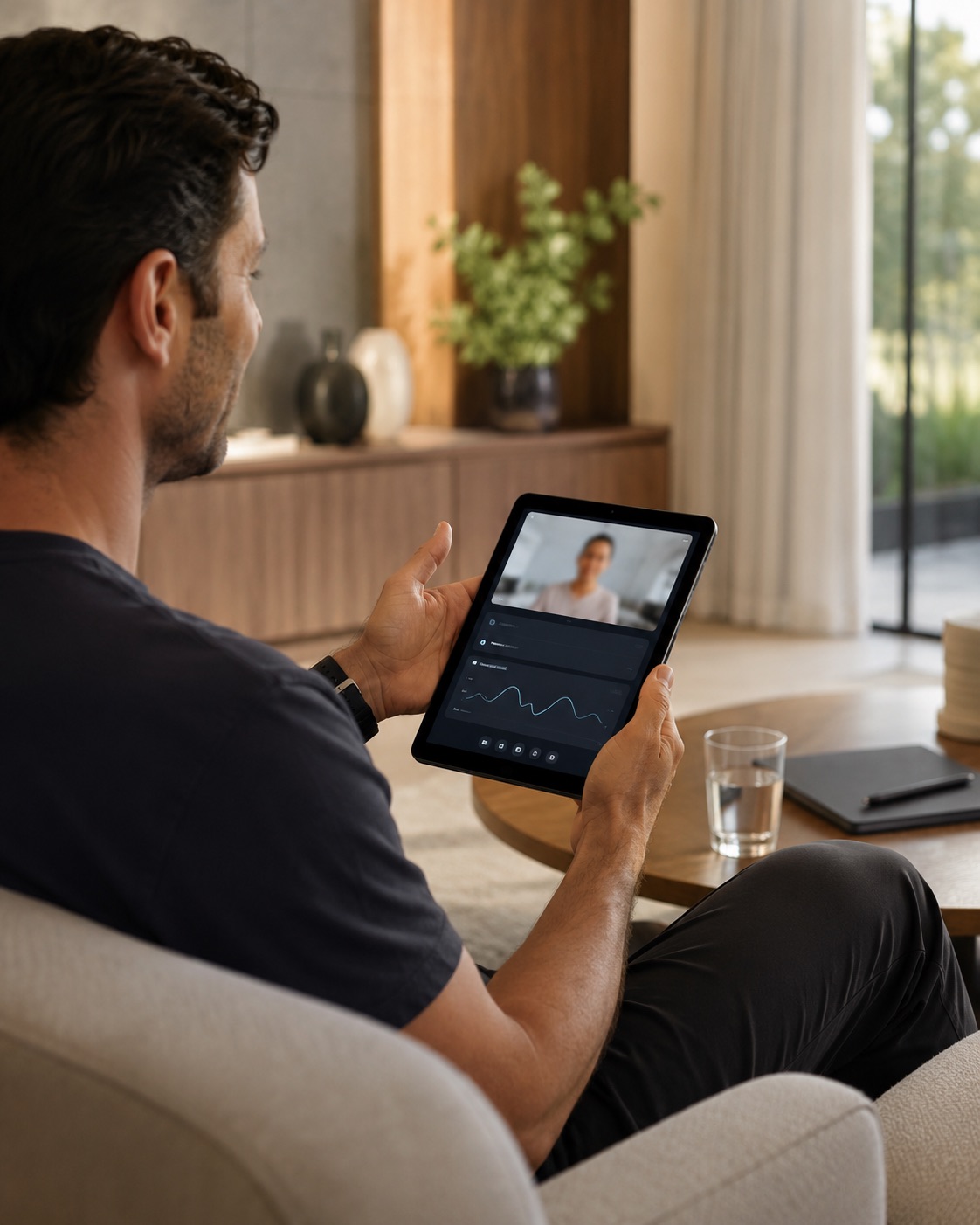 A man in his thirties taking a telehealth video call at a kitchen counter.