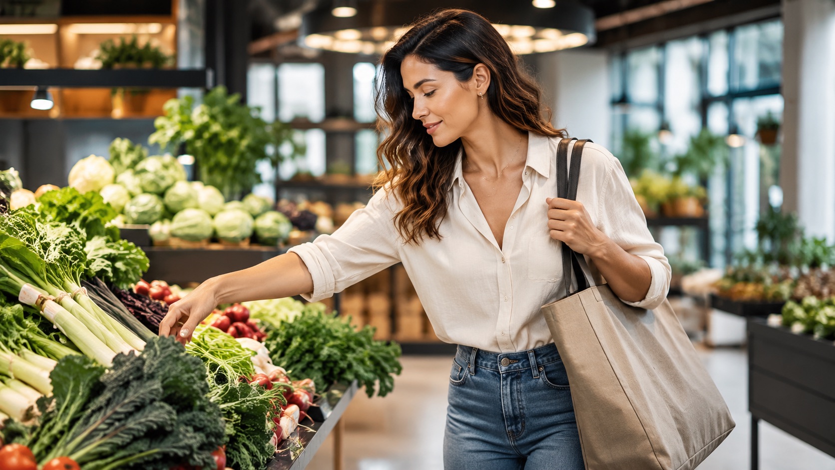 A woman in her early thirties choosing fresh produce at a market.
