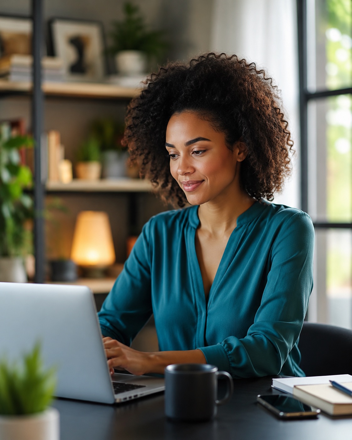 A woman in her thirties working at a laptop in a bright home office.